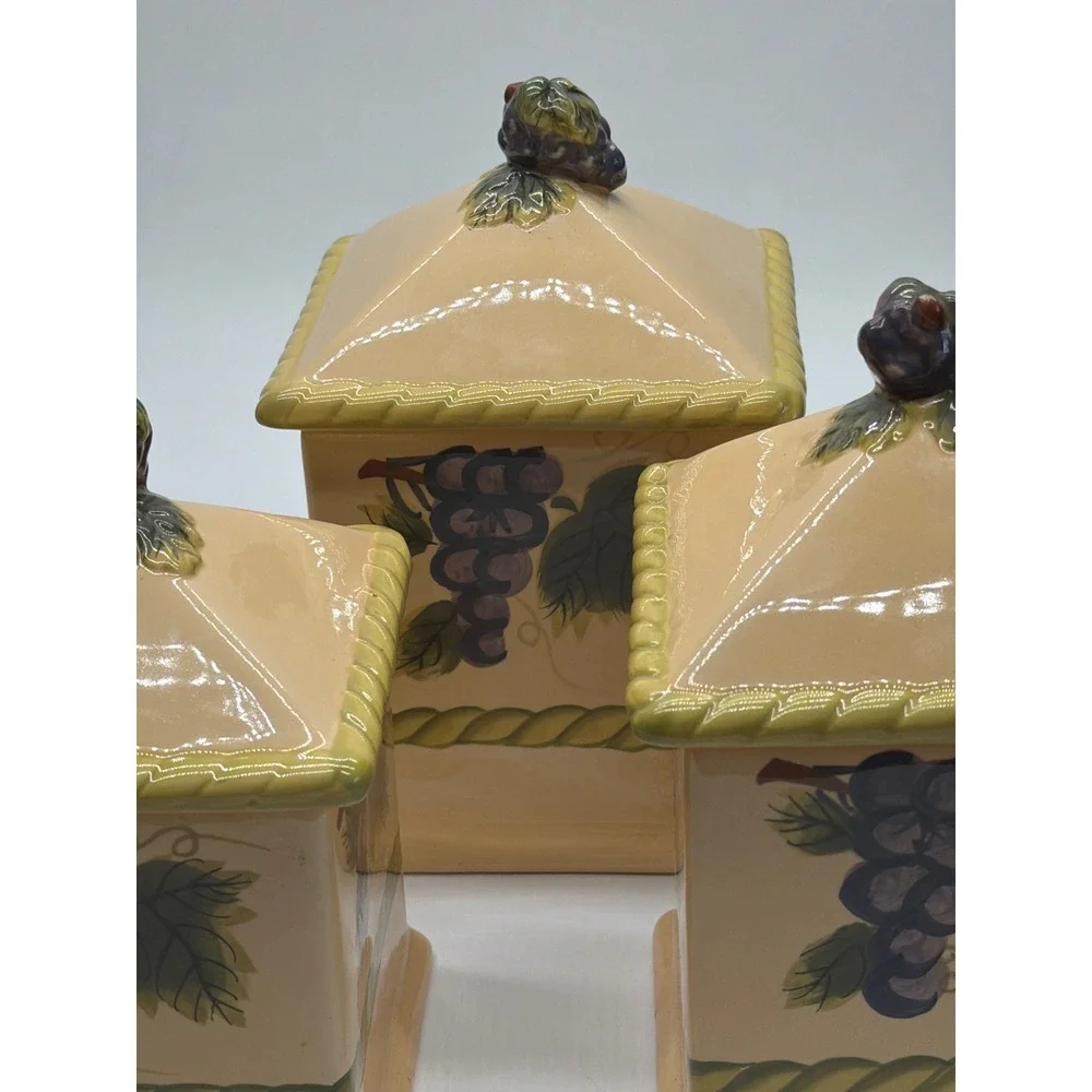 WCL Vintage Ceramic Grape Canister Set 3 Piece Tuscan Kitchen Decor Cream Purple